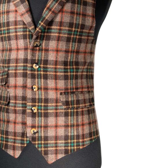 Mens 42R Wool Vest Brown Orange Teal Tartan Plaid Waistcoat Formal Wedding Party - Picture 6 of 10